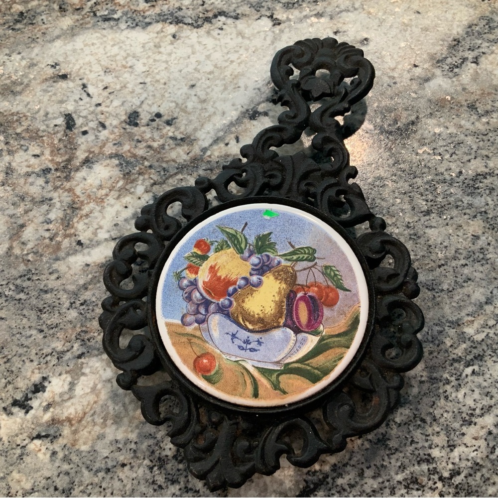 Vintage Decorative Cast Iron Norleans Japan Black Trivet with Fruit Design
